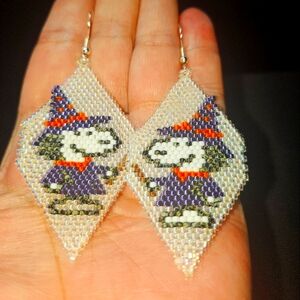 Handmade Beaded Snoopy in a witches costume Halloween Earrings